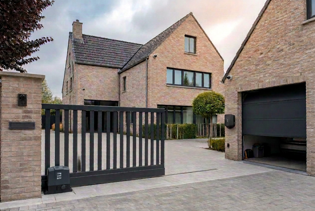 Portail coulissant automatisé devant une maison belge